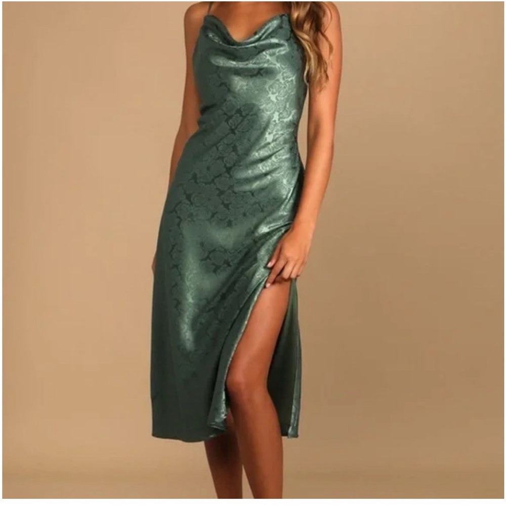 Lulus You're My Type Sage Green Satin Jacquard Midi Slip Dress, M NWT $74